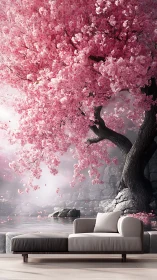 Serene sofa under blooming cherry tree mural enhances calm