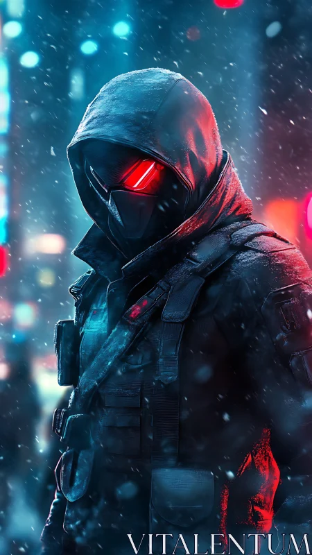 Hooded cyber assassin stands in neon snowstorm vigil