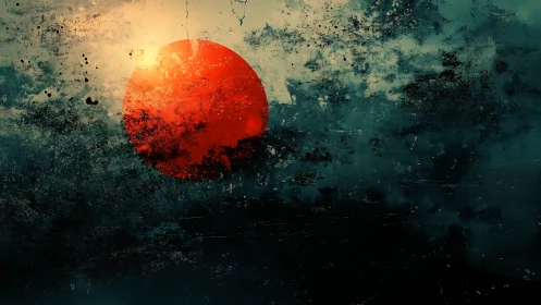 Red circular form intersects textured dark teal field