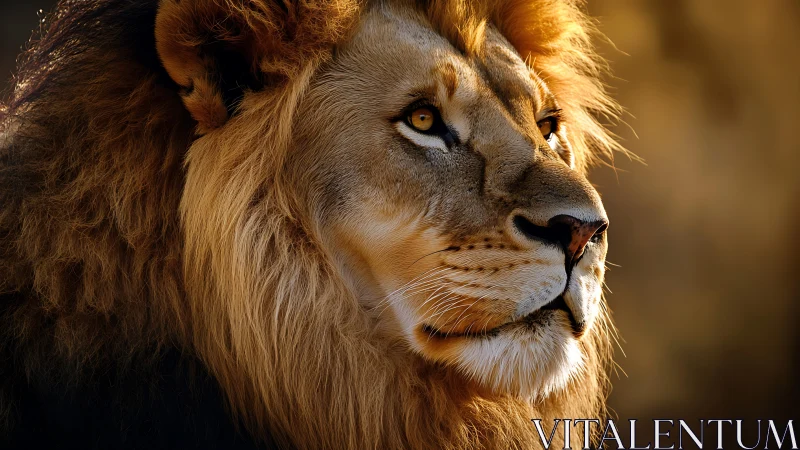 Majestic lion gazes into warm golden light of savannah