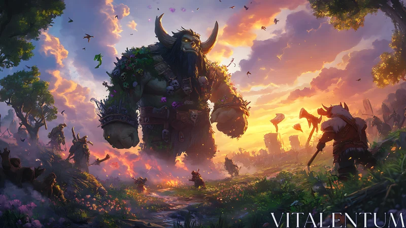 Gentle forest giant meets brave villagers at golden sunset.