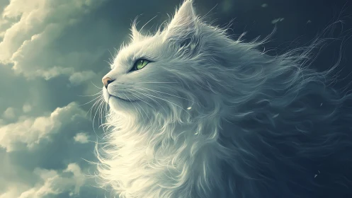 Majestic White Cat with Flowing Fur Against Cloudy Sky.