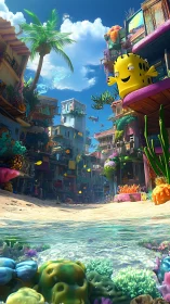 Tropical underwater street city with playful coral mascot.