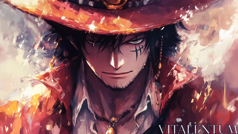 Smoldering-eyed wanderer smiles through swirling embers