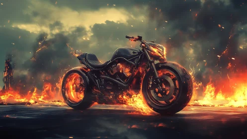 Futuristic heavy motorcycle stands on burning asphalt at dusk