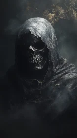 Grim skeletal figure in tattered hooded cloak in smoke.
