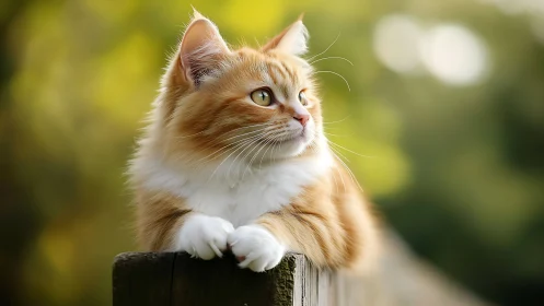 Ginger and White Cat Portrait on Wooden Post, Daylight.