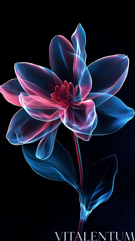 Neon wireframe flower with translucent petals on black.