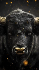 Golden-horned black bull stares through drifting embers.