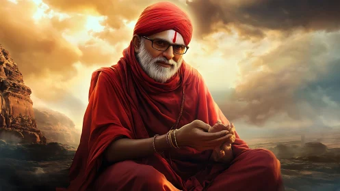 Digital painting of serene sage in dramatic coastal light.