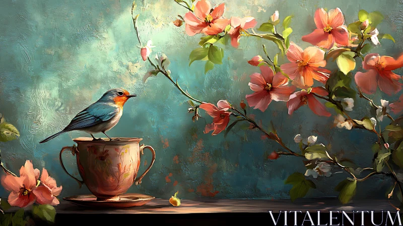 Small bird on teacup beside flowering branch on teal wall.