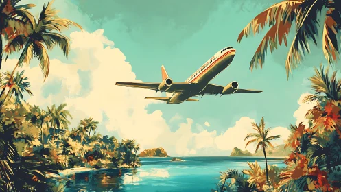 Vintage aircraft flying over tropical lagoon with palms