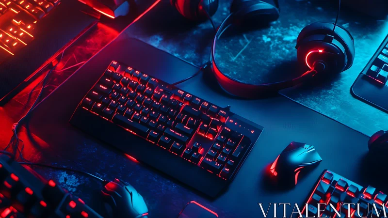 RGB gaming keyboard glows under neon red blue lighting.