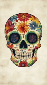 Floral sugar skull illustration on aged neutral background.