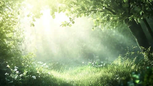 Sunlit Forest Clearing with Soft Greenery in Dreamlike Style.