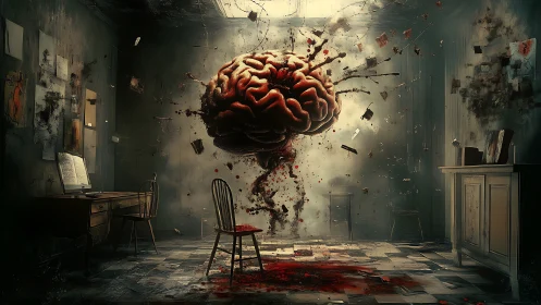 Exploding brain levitates in decayed study with cinematic smoke.