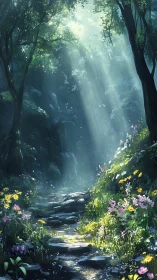 Sunlit stone path through lush wildflower forest glade