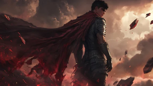 Armored warrior stands under storm sky with burning cloak