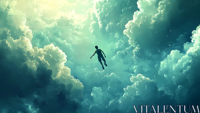 Solitary dreamer ascending through luminous teal clouds.
