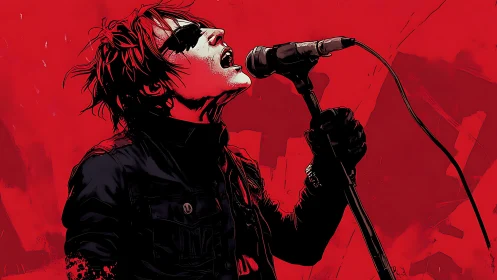 Red stage storm of a singer lost in electric emotion.