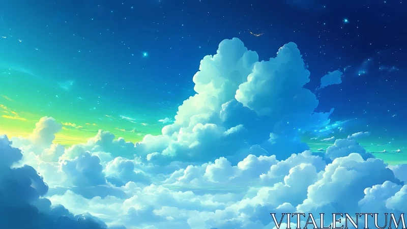 Radiant digital sky with layered clouds at twilight.