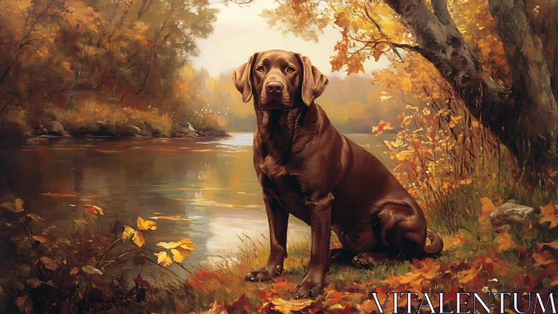 Autumn river sentinel, a chocolate lab in painted gold light.