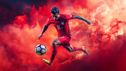 Dynamic soccer player in red kit against smoky red backdrop.