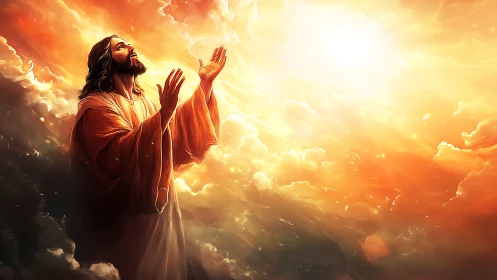 Luminous ascension figure under radiative, volumetric heavens.