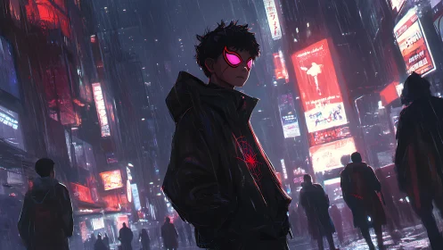 Hooded figure in neon city street under heavy rainfall at night.