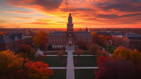 Sunrise ignites historic campus quad in vivid autumn light.
