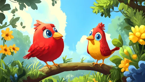 Two Cartoon Red Birds on a Branch in a Vibrant Garden Scene.
