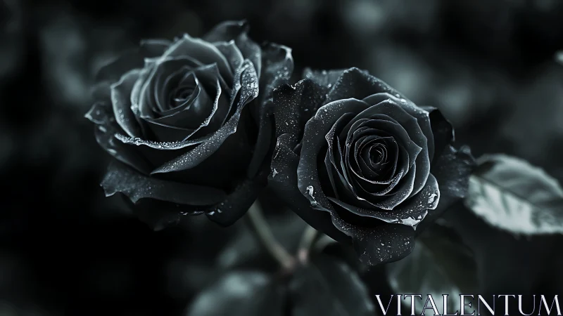 Moonlit ink roses trade whispers in a storm of silver dew