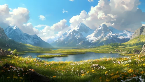 Sunlit alpine meadow dreaming beside crystal mountain lake.