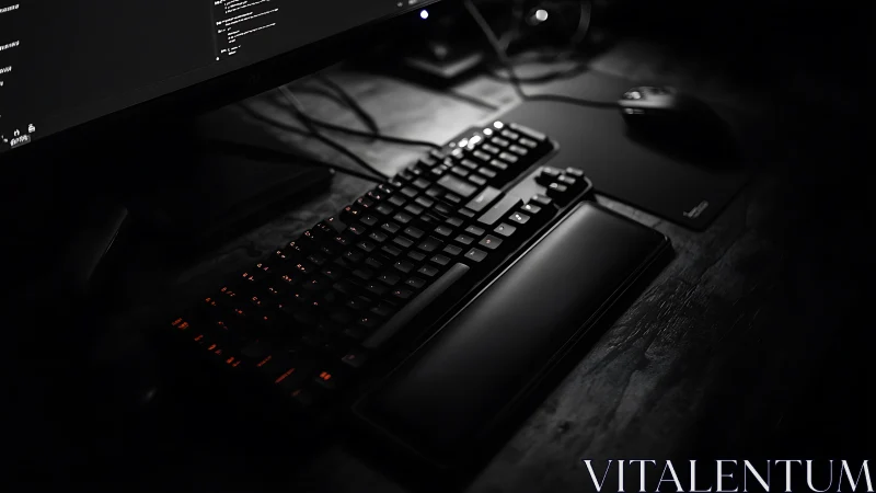 Low key mechanical keyboard workstation in nocturnal contrast.