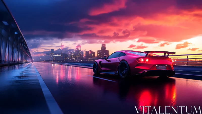 Red sports car on wet bridge at sunset facing city skyline.