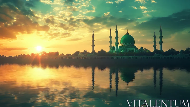 Sunlit mosque and minarets glow above tranquil reflective lake
