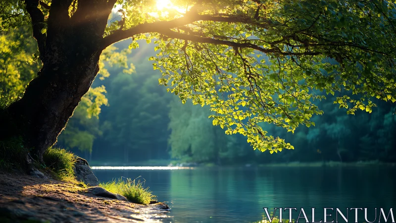 Backlit lakeside tree captures atmospheric morning illumination
