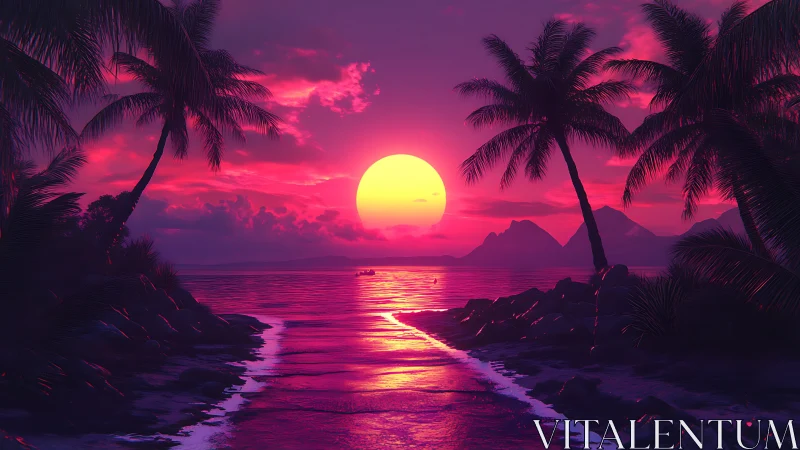 Sunset over tropical bay with silhouetted palm trees