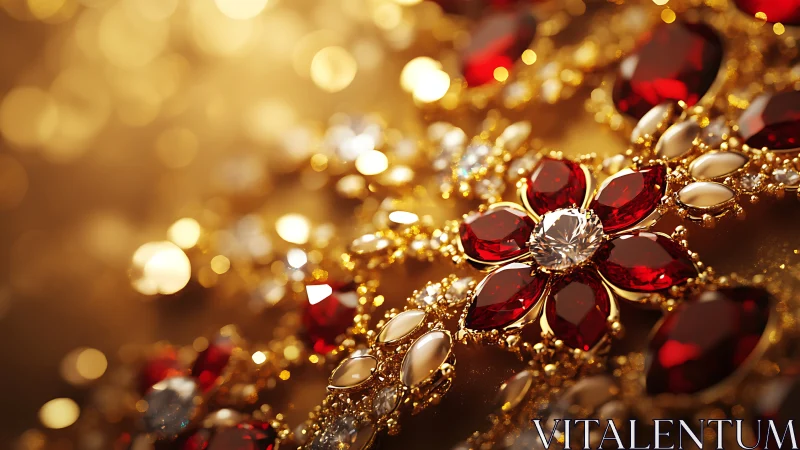 Ruby floral jewels with golden filigree in warm bokeh glow.