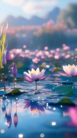 Shallow depth-of-field lotus pond rendering with volumetric light