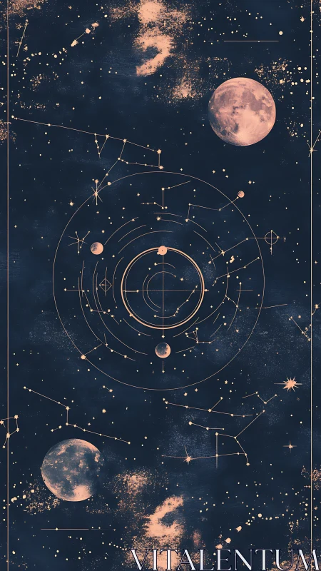 Celestial schematic maps lunar orbits in stylized starfield design