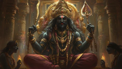 Seated deity figure with trident in ornate temple interior.