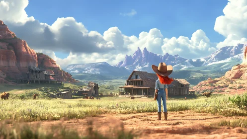 Cowgirl observes rural homestead within stylized canyon valley