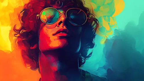 Digital portrait depicts stylized figure in reflective glasses