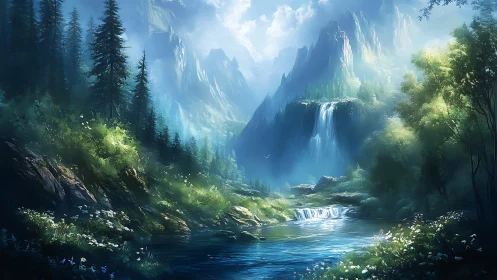 Mystic mountain valley waterfall under glowing morning light.