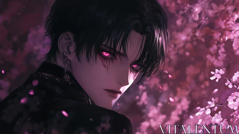 Enigmatic anime boy gazes back amid glowing sakura dusk