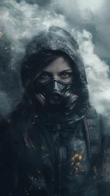 Hooded survivor in gas mask walks through burning smoke.