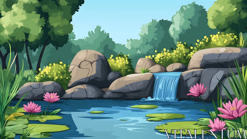 Gentle forest waterfall flows into a bright lily-filled pond