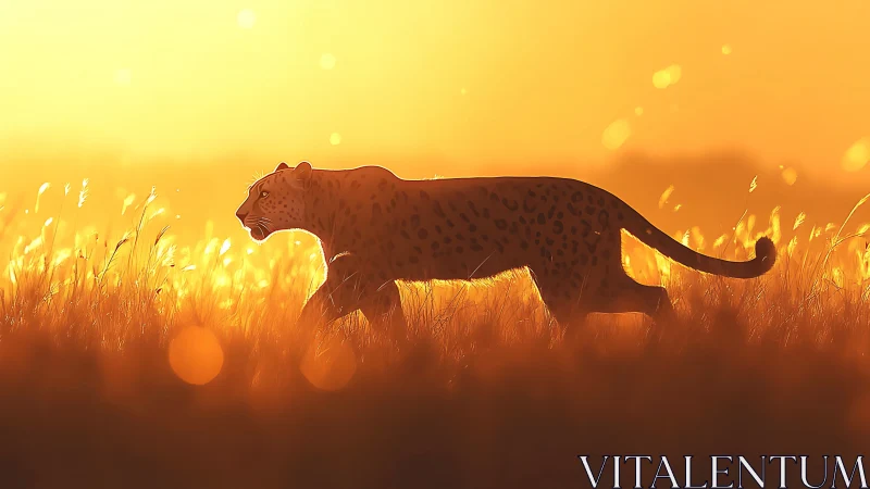 Leopard silhouette walking across golden grassland at sunset