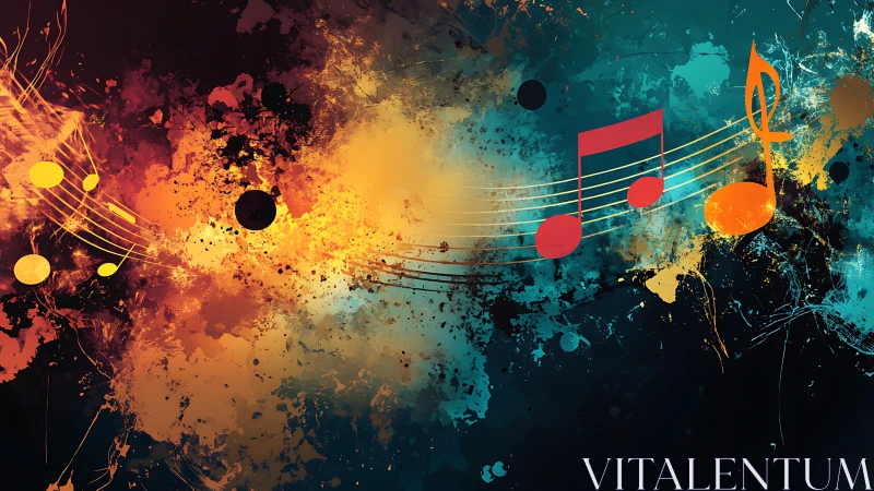 Chromatic waveform of musical notation across splatter field.